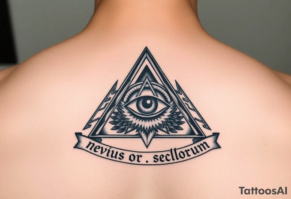 Pyramid with eye in the center, surrounded by words - novus ordum seclorum tattoo idea