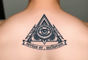 Pyramid with eye in the center, surrounded by words - novus ordum seclorum tattoo idea