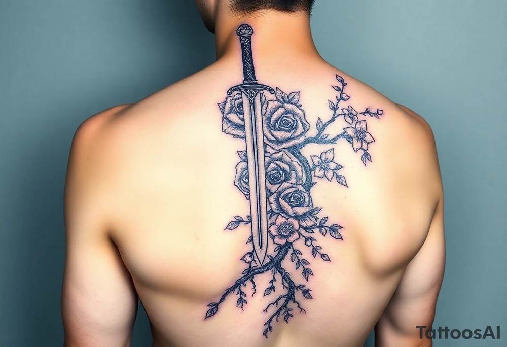 knight with sword and squid intertwined with climbing roses and tree roots with cherry blossoms rolling dice tattoo idea