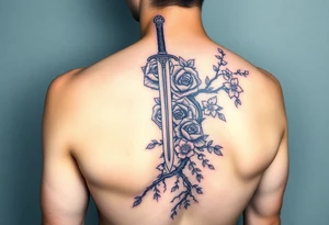 knight with sword and squid intertwined with climbing roses and tree roots with cherry blossoms rolling dice tattoo idea