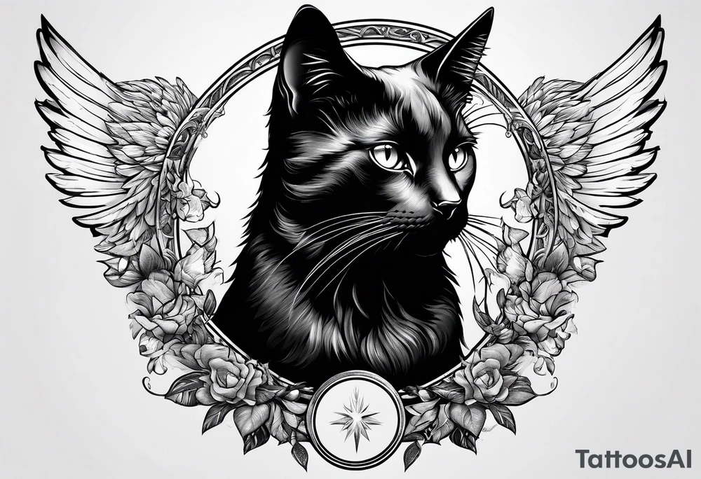 black cat with angel halo tattoo idea