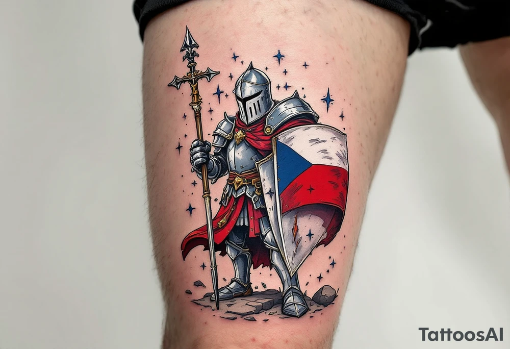 A knight in medieval armor holding a Czech flag, inspired by Hussite warriors, with battle-worn silver and red tones. tattoo idea