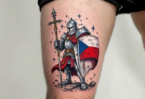 A knight in medieval armor holding a Czech flag, inspired by Hussite warriors, with battle-worn silver and red tones. tattoo idea