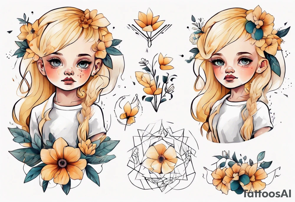 Little girl with blonde hair holding flowers tattoo idea