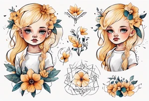 Little girl with blonde hair holding flowers tattoo idea