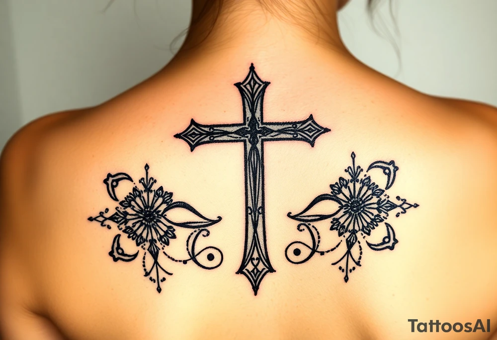 christian cross, surrounded by geometrics ornaments tattoo idea