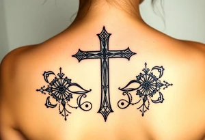 christian cross, surrounded by geometrics ornaments tattoo idea