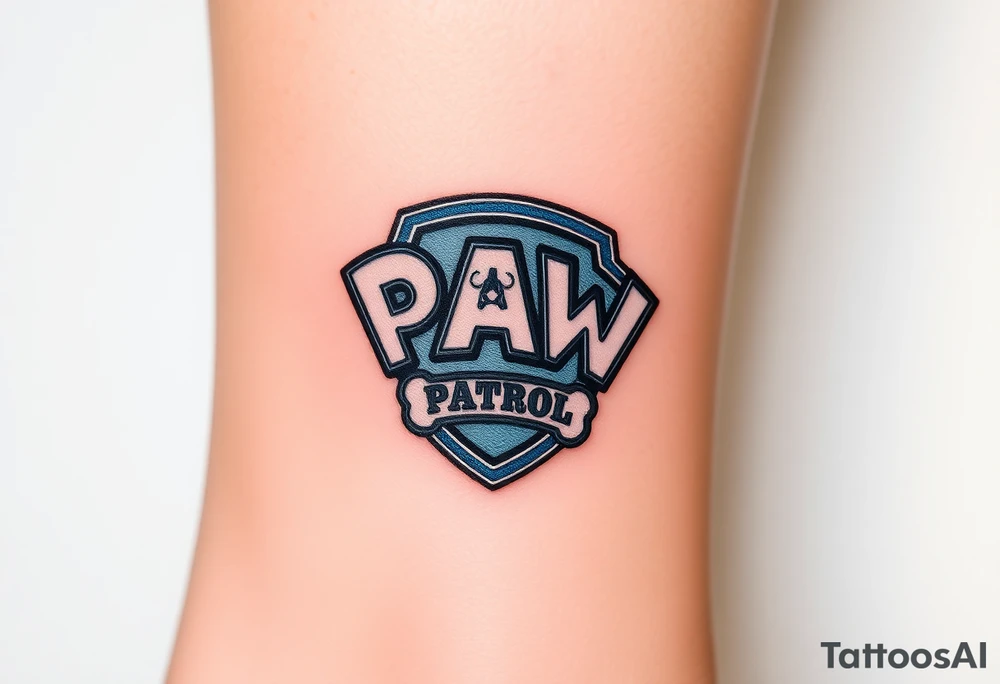 A pentagon-shaped Paw Patrol emblem, in a realistic metallic style with reflective highlights tattoo idea