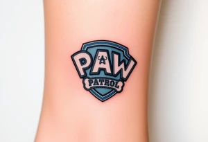 A pentagon-shaped Paw Patrol emblem, in a realistic metallic style with reflective highlights tattoo idea