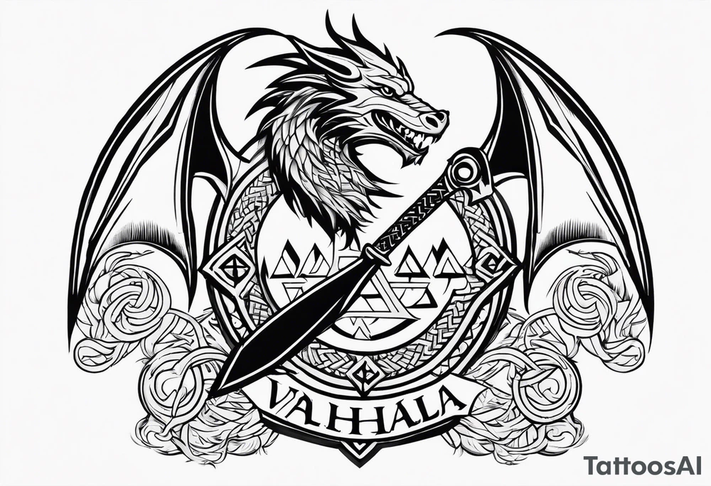 Valhalla sword shield dragon axe Valknut tattoo idea