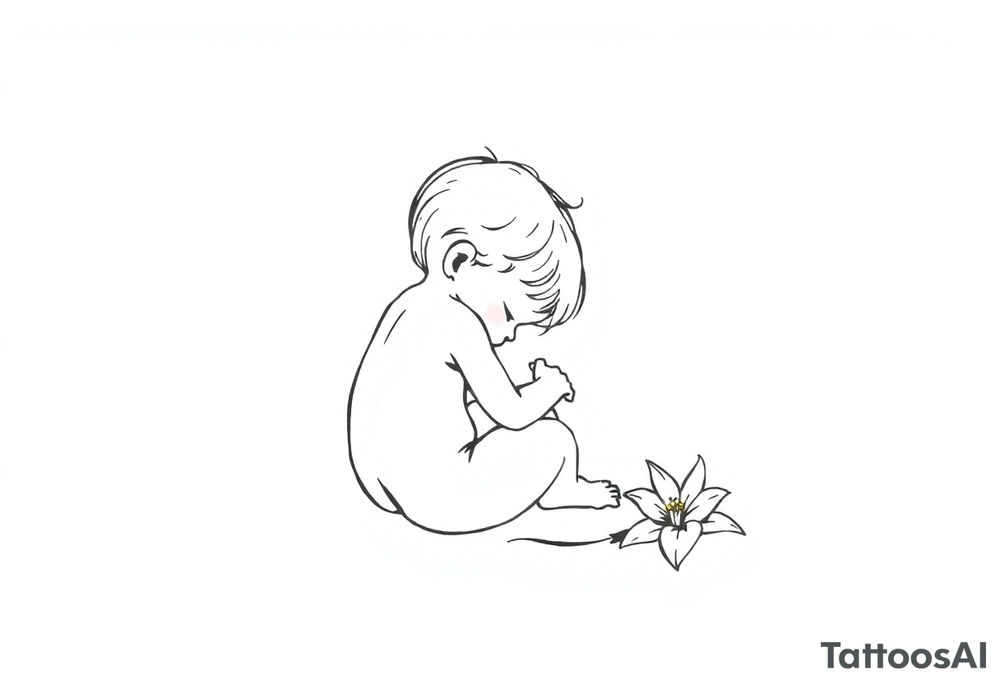 A simple tile floor with a minimalist outline of a curled up child sitting on the floor with a lily next to her tattoo idea