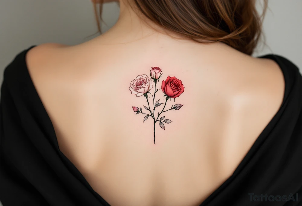 Three blossom roses in different stages of bloom—white (beginning), pink (growth), and deep red (passion)—sorted one under another tattoo idea