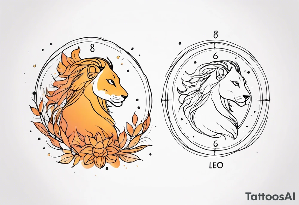 A tattoo in delicate style, so gentle. The symbol zodiac sign, Leo. The sketch should include fire, something delicate like that, and the numbers 7 and 8. tattoo idea
