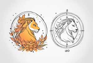 A tattoo in delicate style, so gentle. The symbol zodiac sign, Leo. The sketch should include fire, something delicate like that, and the numbers 7 and 8. tattoo idea