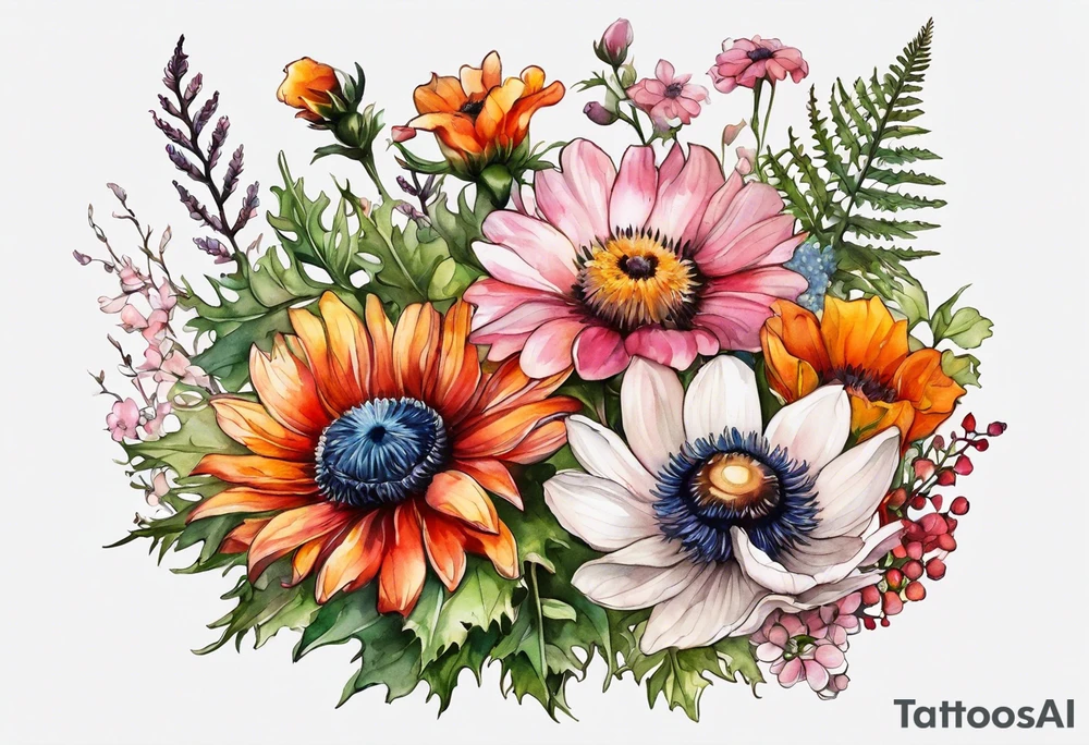 wildflowers cascading with thistles, ferns, white anemones, sun flowers, orange flowers, pink flowers, red flowers, babys breath and daisies all in watercolor tattoo idea