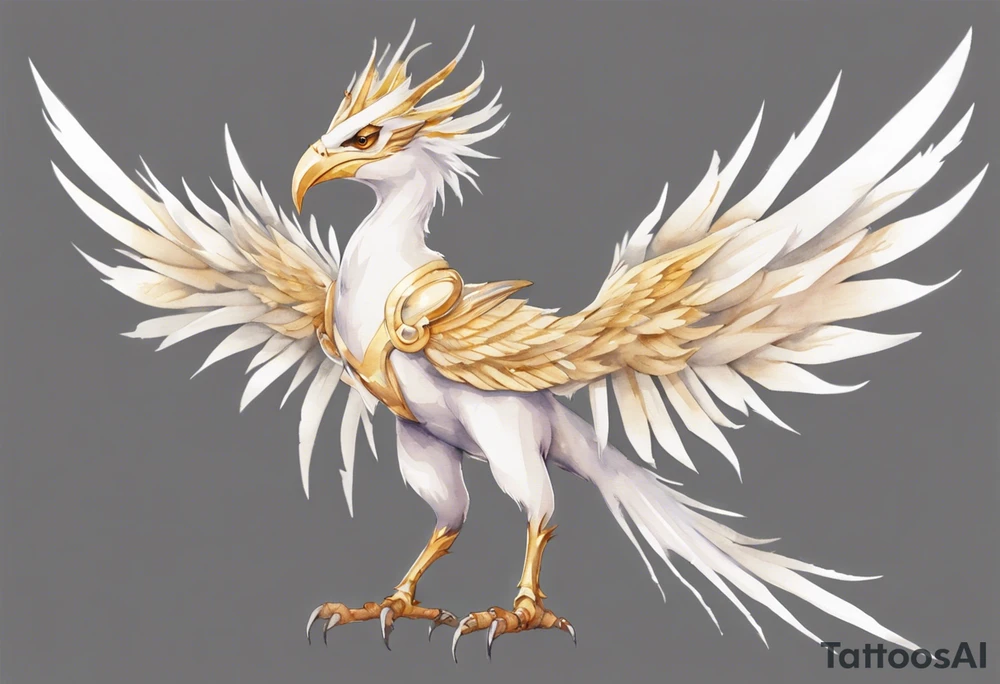 a watercolor of a white bird-wyvern hybrid wearing a plain crown, with light gold wing feathers tattoo idea