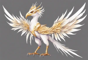 a watercolor of a white bird-wyvern hybrid wearing a plain crown, with light gold wing feathers tattoo idea