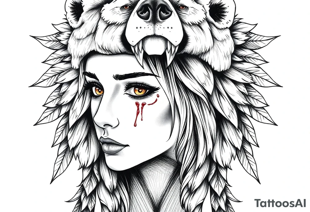 Symmetrical Beautiful Woman, looking forward, with colored eyes, shedding a tear, with battle scars and blood on face, wearing a mean looking bear headdress on head tattoo idea