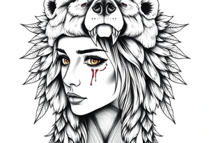 Symmetrical Beautiful Woman, looking forward, with colored eyes, shedding a tear, with battle scars and blood on face, wearing a mean looking bear headdress on head tattoo idea