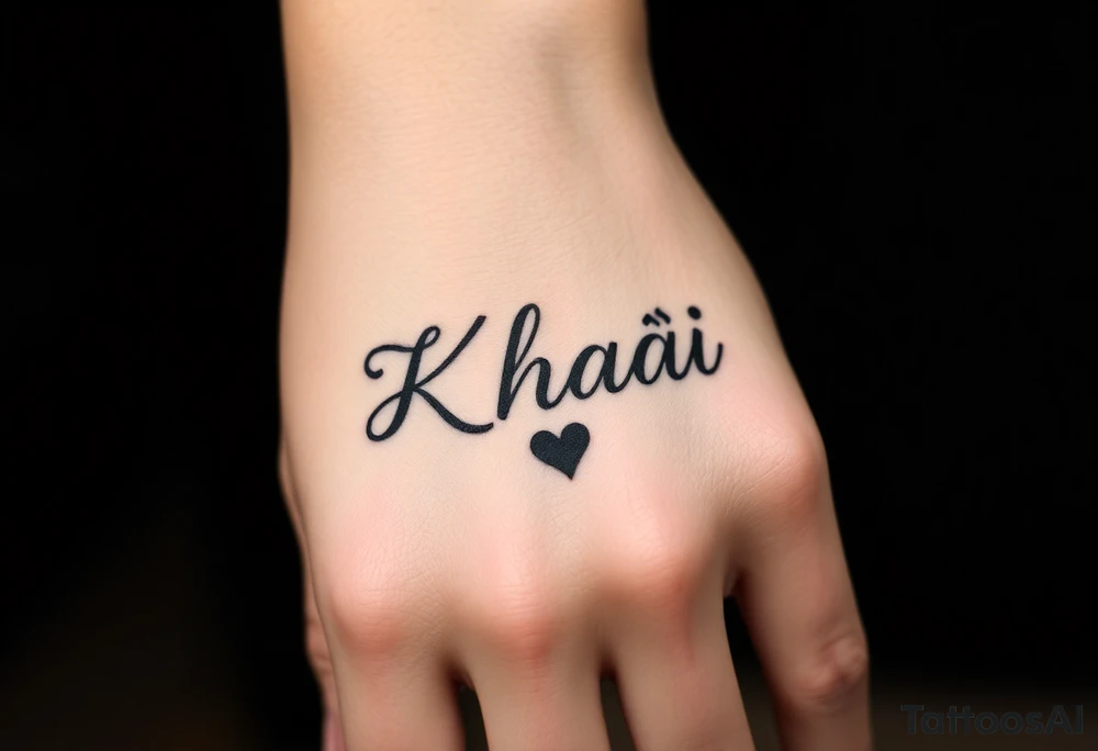 The name Khaài in a slim but bold cursive font w a small heart at the end of the name tattoo idea