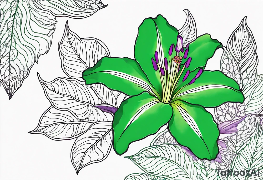 An outline of a green rio dipladenia flower and a green/purple watercolor in the background tattoo idea