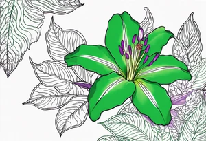 An outline of a green rio dipladenia flower and a green/purple watercolor in the background tattoo idea