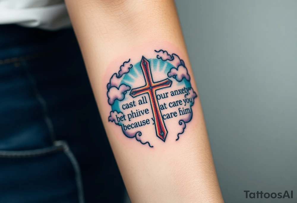 cast all your anxiety on him because he cares for you"  surrounded with clouds and cross tattoo idea
