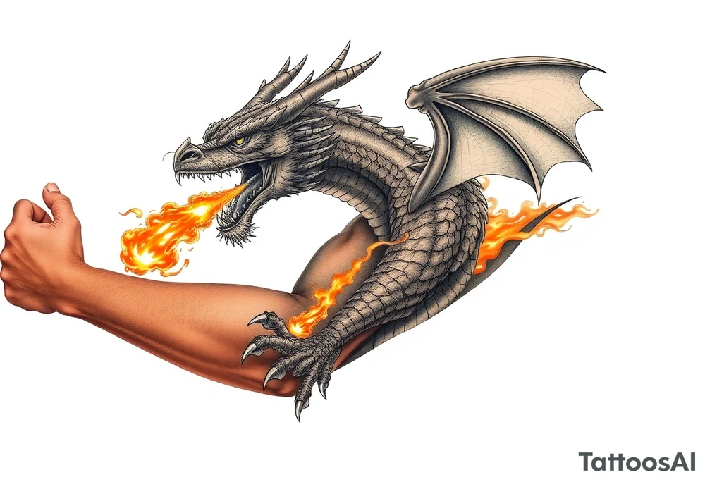 fierce dragon breathing iridescent fire against stormy skies tattoo idea