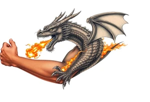 fierce dragon breathing iridescent fire against stormy skies tattoo idea