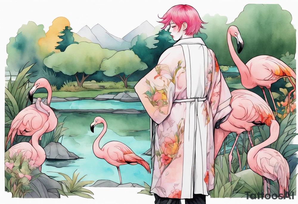 a nonbinary person with pink hair wearing a rainbow medieval robe standing next to a flamingo near a pond tattoo idea