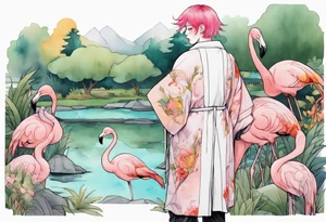 a nonbinary person with pink hair wearing a rainbow medieval robe standing next to a flamingo near a pond tattoo idea