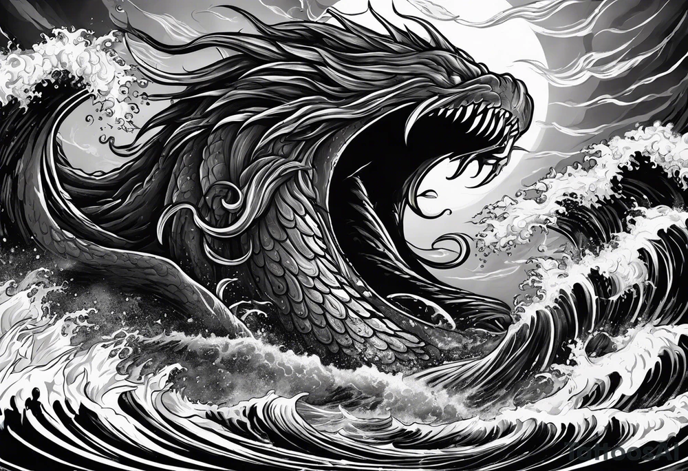 A kraken monster underwater ensnaring Poseidon as he thrust his trident into the beast. Turbulent storm with lightning & waves crashing tattoo idea