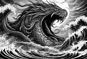 A kraken monster underwater ensnaring Poseidon as he thrust his trident into the beast. Turbulent storm with lightning & waves crashing tattoo idea