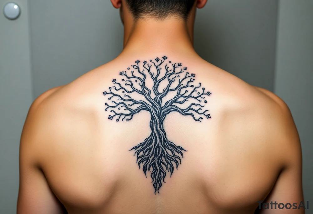 mystical tree of life with cosmic roots and celestial branches tattoo idea