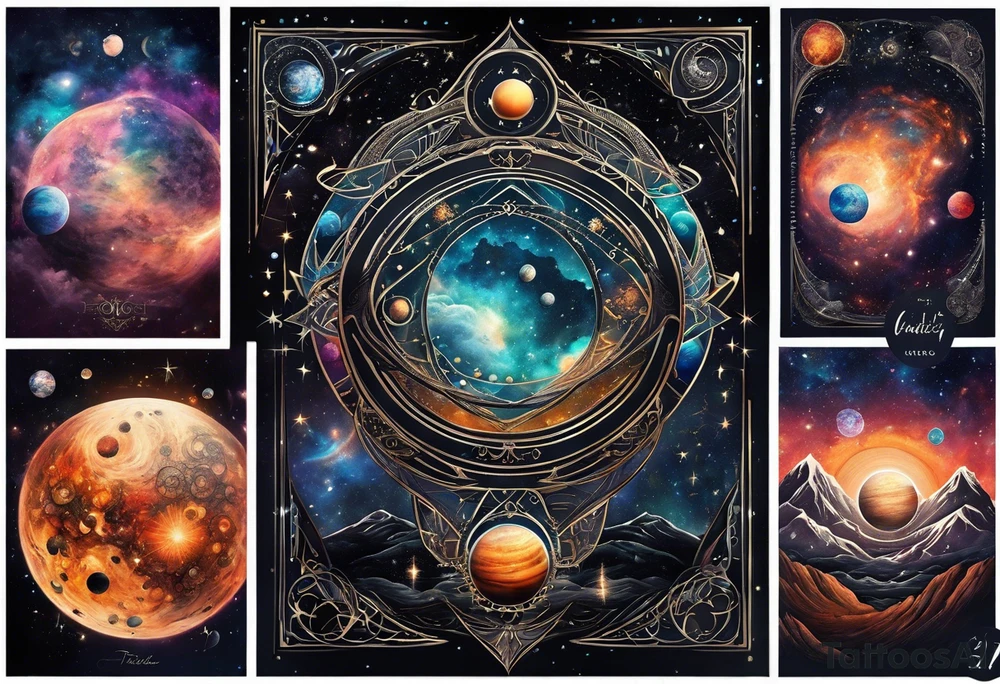 A tattoo featuring a cosmic scene with planets, black holes, and supernovae intertwined with intricate linguistic symbols, reflecting the client's interests in cosmology and linguistics. tattoo idea