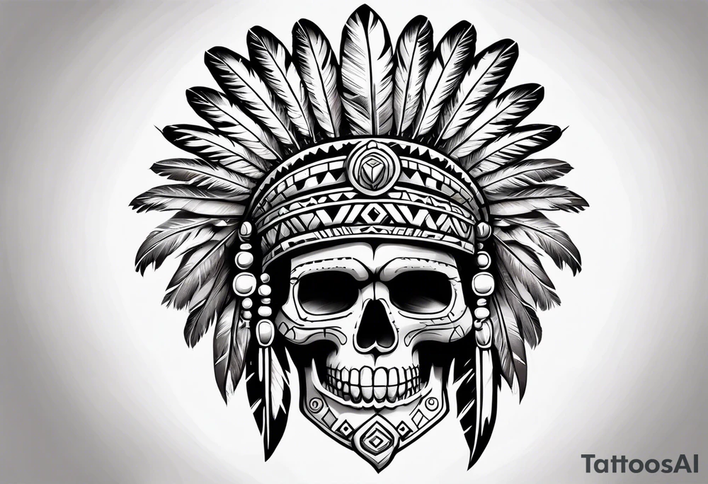 Aztec skull with feathers tattoo idea