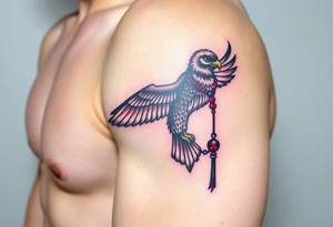 An Egyptian Falcon (Horus) Carrying a Rosary (only red , blue and black are possible colors) tattoo idea