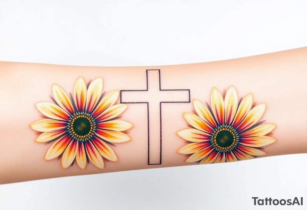 Gerber daisys behind negative space cross for forearm tattoo idea