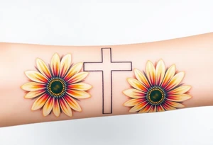 Gerber daisys behind negative space cross for forearm tattoo idea