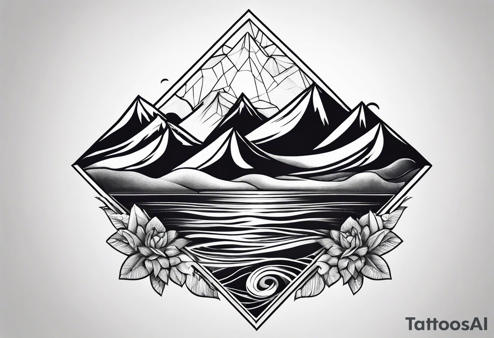 Mountains and ocean waves diamond shape tattoo idea