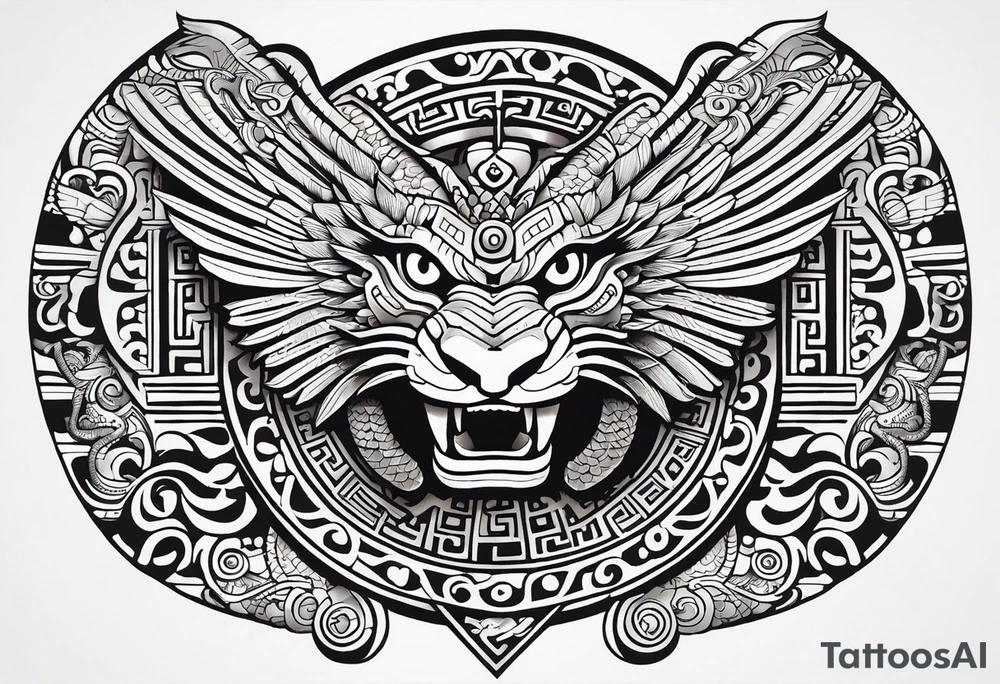 Design a masculine and fierce right chest tattoo of Quetzalcoatl, the Aztec feathered serpent god. Make Quetzalcoatl appear in mid-flight, with his powerful, feathered body coiling dynamically across the chest. His face should have sharp, intense features, with fierce, piercing eyes and serpent fangs bared. Incorporate traditional Aztec geometric patterns, like jagged lines and spirals, in the wings and tail, to emphasize strength and power. Use bold, black ink with subtle shading to give depth and texture, while ensuring the design stays sharp and aggressive. The feathers should appear sharp and stylized, giving an aura of both wisdom and danger. tattoo idea