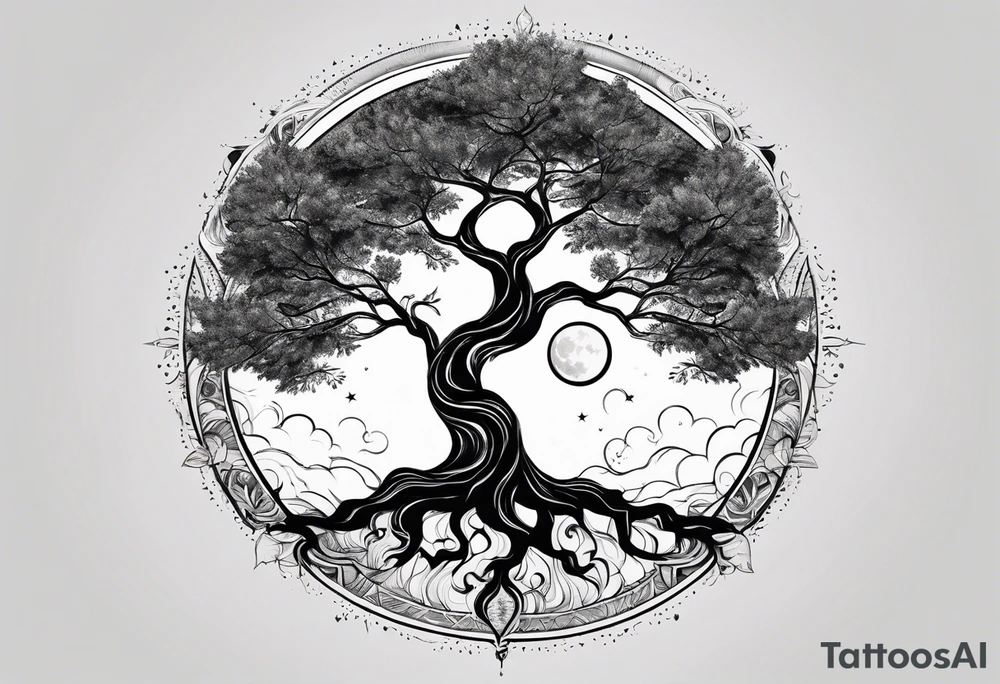 Simple Tree holding the sun on the right side and the moon on the left side tattoo idea