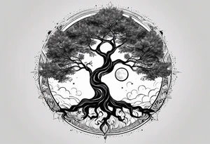 Simple Tree holding the sun on the right side and the moon on the left side tattoo idea