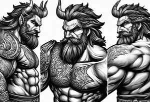 full body strong mythical giant turned to the side about to punch something stipple shading tattoo idea