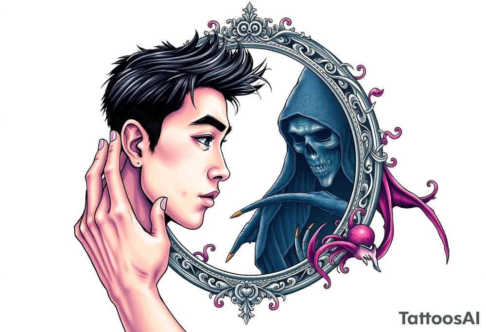 Handsome Asian young guy is looking in cursed mirror and see a witch tattoo idea