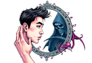 Handsome Asian young guy is looking in cursed mirror and see a witch tattoo idea