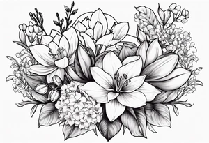 Big Larkspur and Lily of the valley flowers surrounded by water lilies, Hawthorne flowers, carnations, and snowdrop flowers tattoo idea