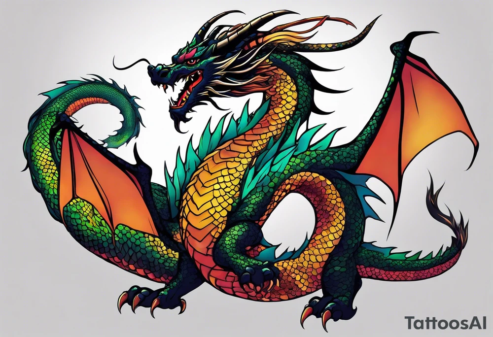 An epic floating asian dragon. Its long body coiling dynamically, with scales and horns detailed to create a sense of movement and strength. The dragon's color is giving a vibrant depth and a mystical aura. This tattoo highlights the dragon’s fierce expression and sharp claws. tattoo idea