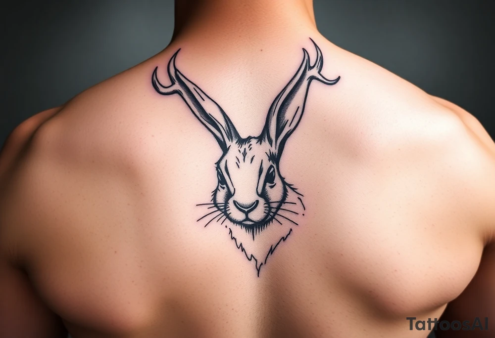 abstract jack rabbit with antlers coming out from its head, between the ears tattoo idea