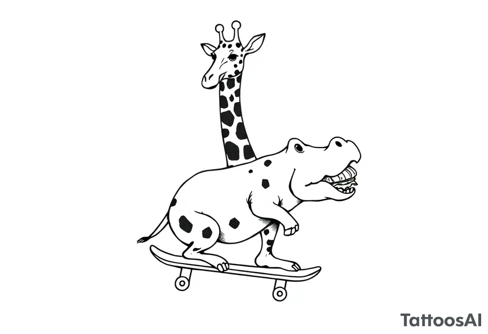 Majestic giraffe riding a skateboard and eating a hippo sandwich tattoo idea